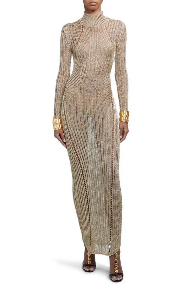 TOM FORD Long Sleeve Metallic Knit Gown Pale Gold at Nordstrom,