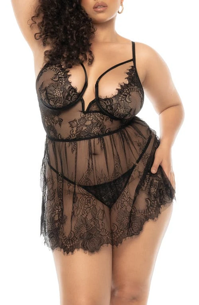 Mapale Underwire Eyelash Lace Babydoll & G-String Set Black at Nordstrom