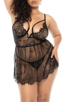 Mapale Underwire Eyelash Lace Babydoll & G-String Set Black at Nordstrom