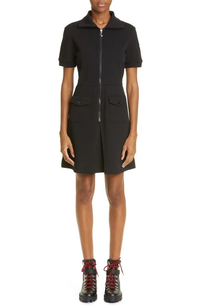 Moncler Zip Front Cotton Blend Piqué Dress Black at Nordstrom,