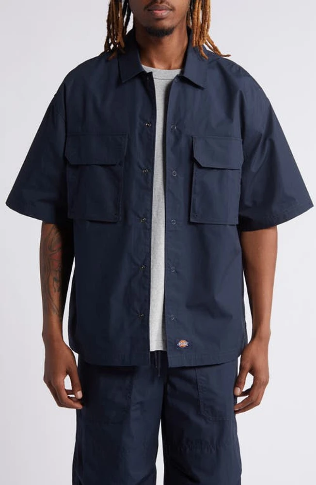 Dickies Fisherville Short Sleeve Cotton Snap-Up Shirt Dark Navy at Nordstrom,