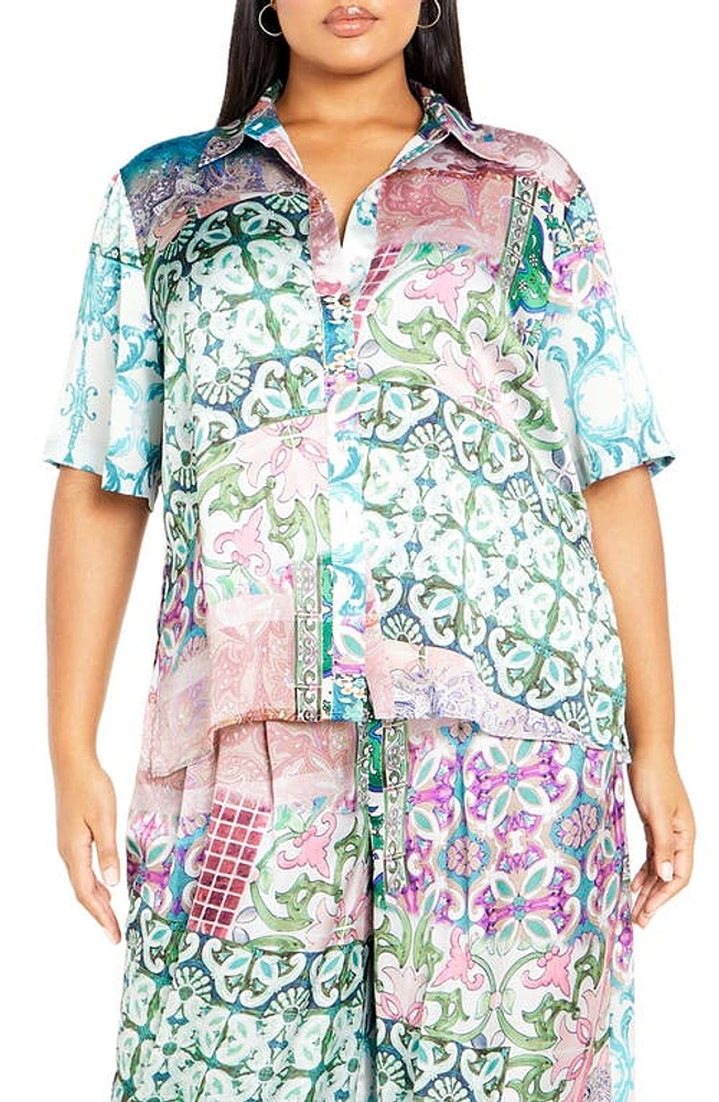 City Chic Paisley Satin Button-Up Shirt Tile at Nordstrom