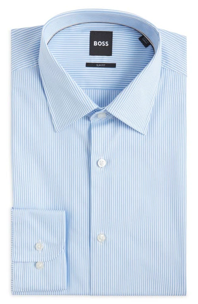 BOSS Hank Slim Fit Stripe Cotton Blend Dress Shirt Light Blue at Nordstrom,