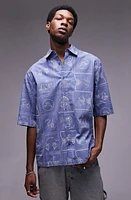 Topman Cowboy Embroidered Short Sleeve Button-Up Shirt Medium Blue at