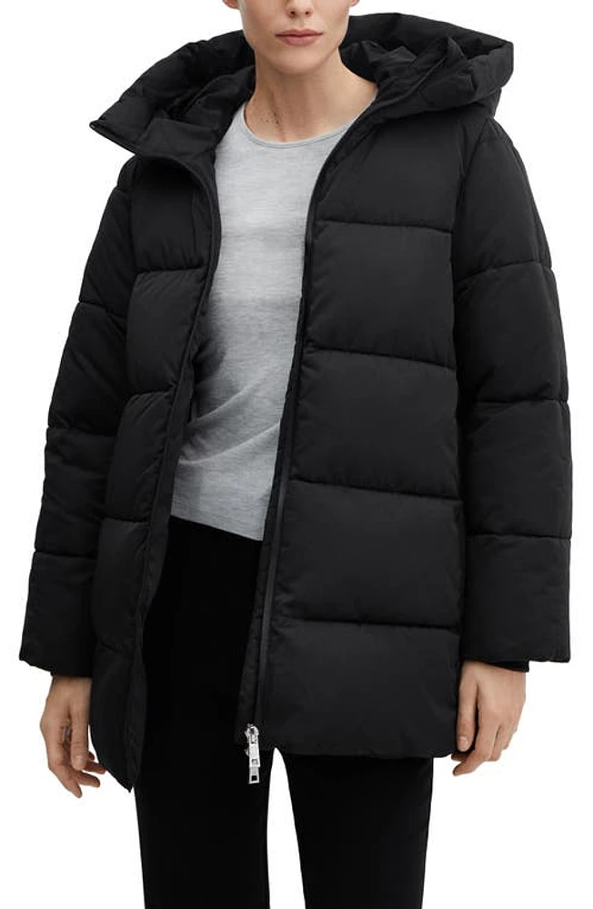 MANGO Quilted Hooded Water Repellent Puffer Jacket Black at Nordstrom,