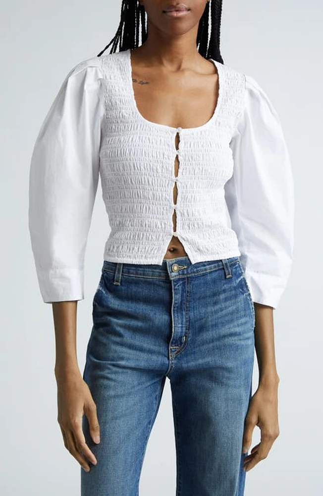 Ganni Shirred Lantern Sleeve Organic Cotton Poplin Top Bright White at Nordstrom, Us