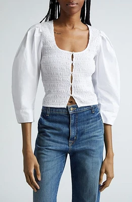 Ganni Shirred Lantern Sleeve Organic Cotton Poplin Top Bright White at Nordstrom, Us