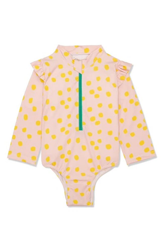 Mon Coeur Kids' Dot Rashguard Swimsuit Sepia/Cyber Yellow at Nordstrom,