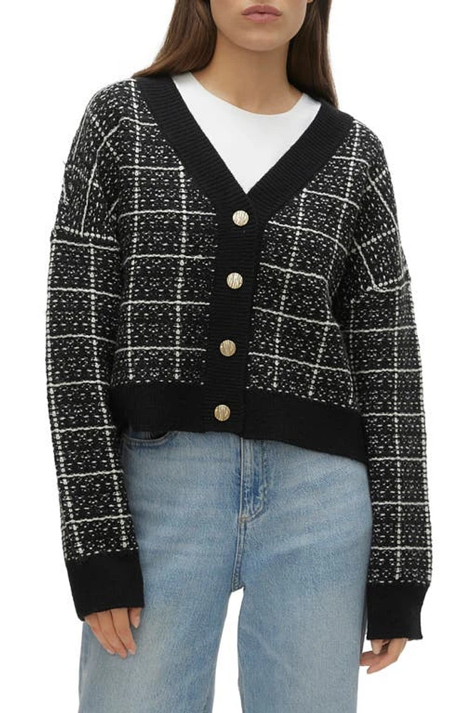 VERO MODA Kia Plaid Tweed Crop Cardigan in Black Checks W Birch at Nordstrom, Size X-Large