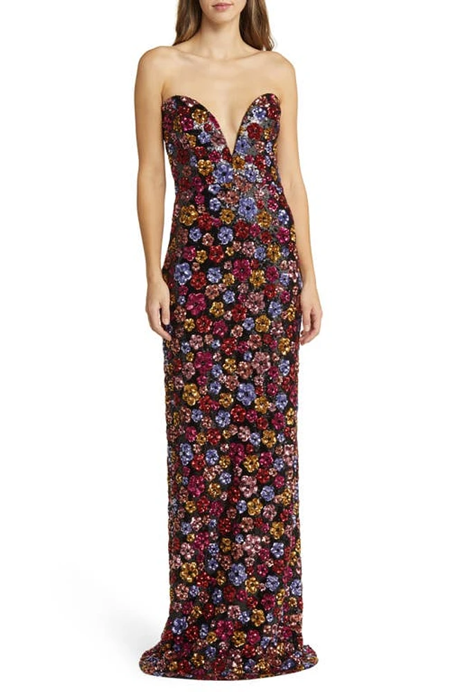 Marchesa Notte Sequin Bouquets Strapless Column Gown Black Multi at Nordstrom,