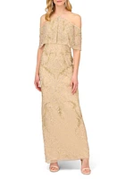 Aidan Mattox by Adrianna Papell Cold Shoulder Beaded Halter Column Evening Gown in Beige/Light Gold at Nordstrom, Size 4