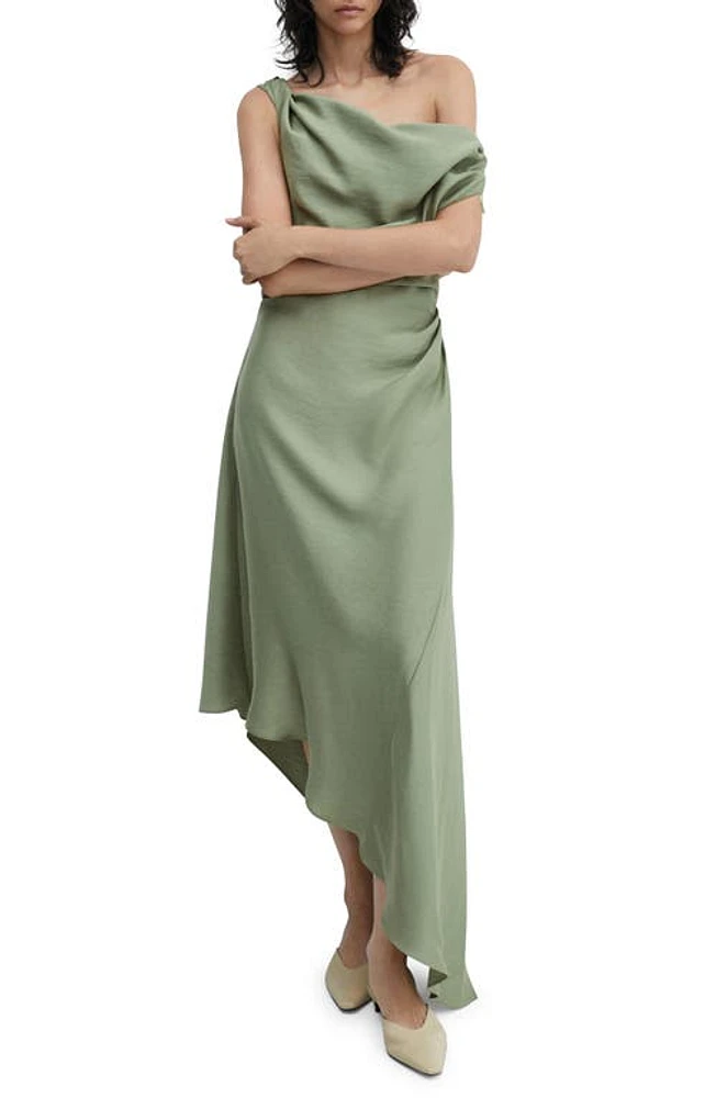 MANGO Laila Draped One-Shoulder Midi Dress Dark Green at Nordstrom,