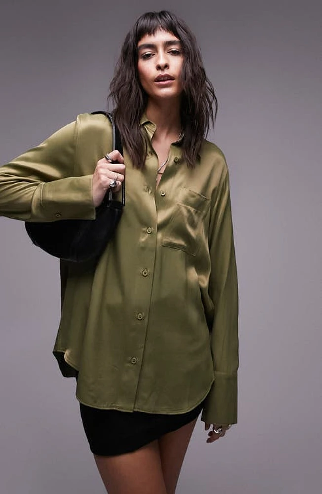 Topshop Oversize Satin Button-Up Shirt Khaki at Nordstrom, Us