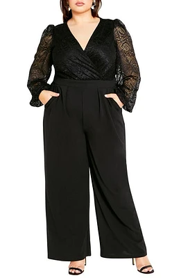 City Chic Katalina Long Sleeve Lace Bodice Jumpsuit Black at