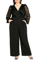 City Chic Katalina Long Sleeve Lace Bodice Jumpsuit Black at