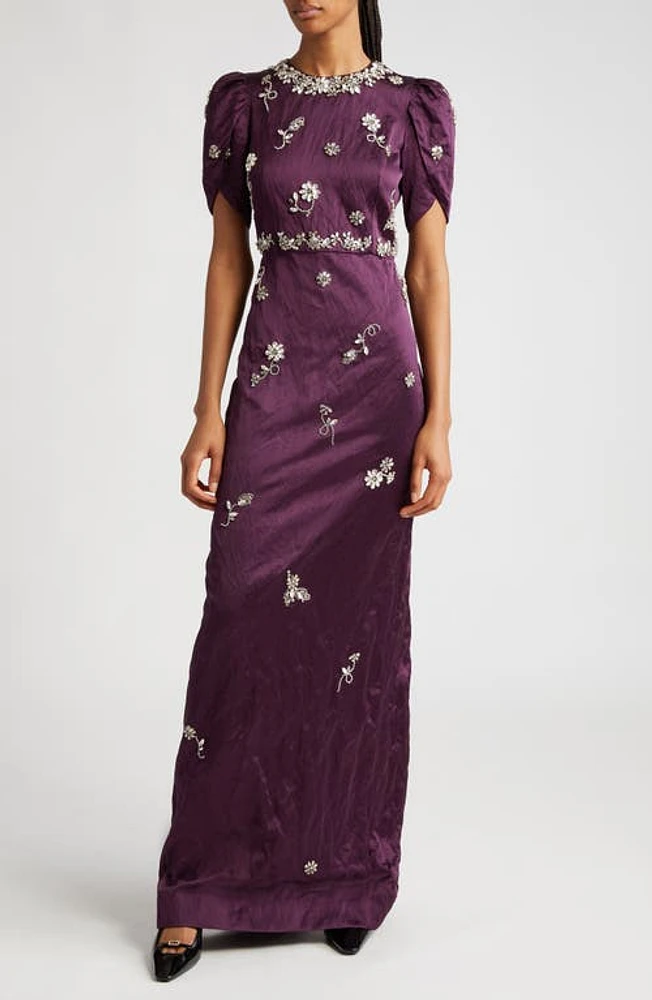 Erdem Crystal Embellished Tulip Sleeve Satin Gown Merlot at Nordstrom, Us