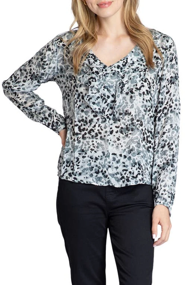 APNY Animal Print Ruffle V-Neck Chiffon Top Black Multi at Nordstrom,