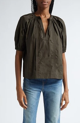 Ulla Johnson Loli Puff Sleeve Split Neck Cotton Top Militaire at Nordstrom,