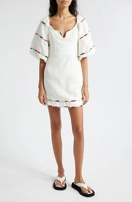 FARM Rio Stripe Trim Puff Sleeve Linen Minidress White at Nordstrom,