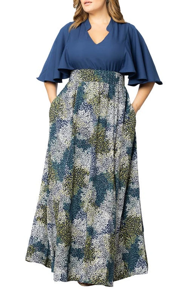 Kiyonna Avisa Flutter Sleeve Maxi Dress Blue Impressionist Print at Nordstrom,