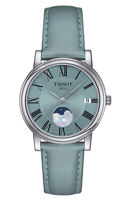 Tissot T-Classic Carson Premium Moonphase Leather Strap Watch, 32mm in Blue at Nordstrom