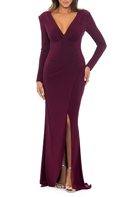 Xscape Evenings Long Sleeve Plunge Neck Gown Wine at Nordstrom,