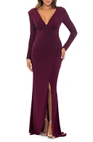 Xscape Evenings Long Sleeve Plunge Neck Gown Wine at Nordstrom,