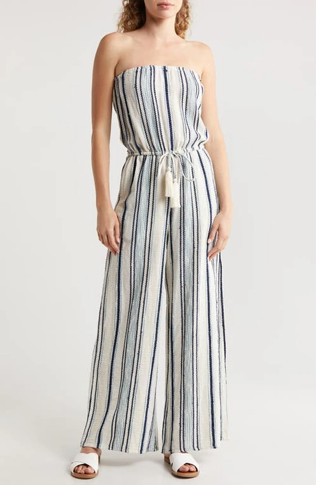 Elan Stripe Strapless Wide Leg Cover-Up Jumpsuit Natural/Blue at Nordstrom,