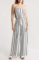 Elan Stripe Strapless Wide Leg Cover-Up Jumpsuit Natural/Blue at Nordstrom,