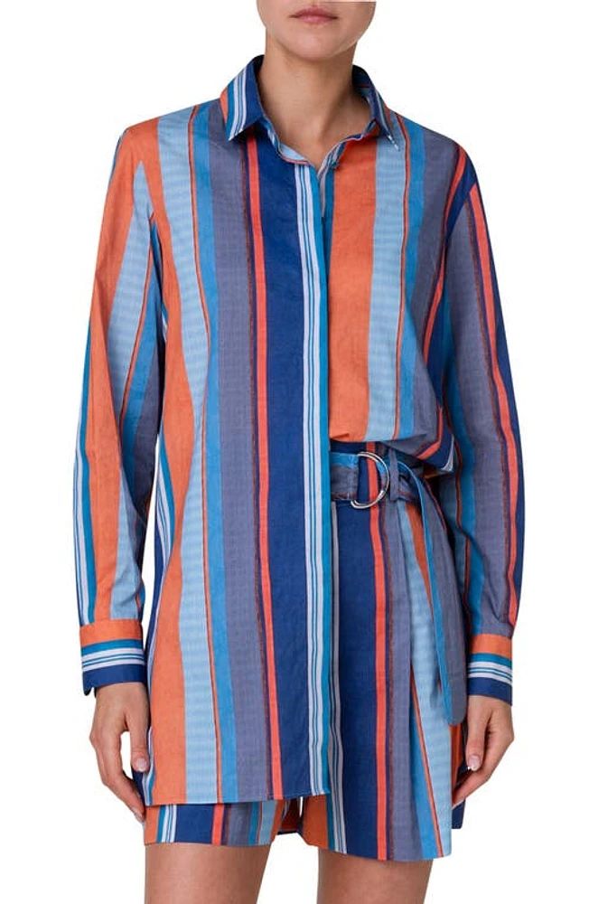 Akris punto Stripe Long Sleeve Cotton Button-Up Shirt Denim-Multicolor at Nordstrom,