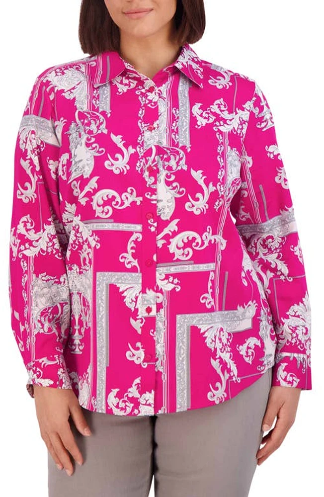 Foxcroft Zoey Ornate Cotton Sateen Button-Up Shirt in Azalea at Nordstrom, Size 16W