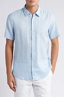 BOSS Liam Slim Fit Solid Short Sleeve Linen Blend Button-Up Shirt Light Blue at Nordstrom,