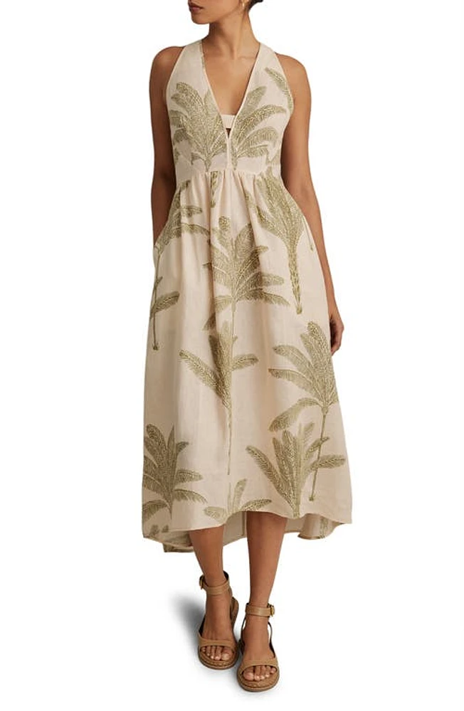 Reiss Anna Foliage Print Linen Midi Dress in Neutral/Green at Nordstrom, Size 4 Us