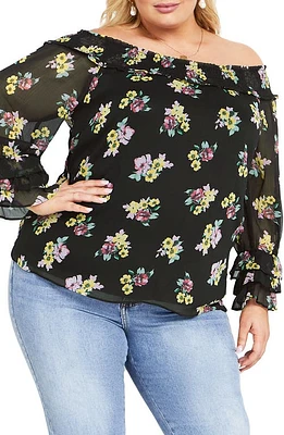 City Chic Anais Floral Off the Shoulder Long Sleeve Top Black Melanie Ditsy at