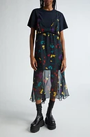 Sacai Floral Print Mixed Media Layered Midi Dress Navy at Nordstrom,