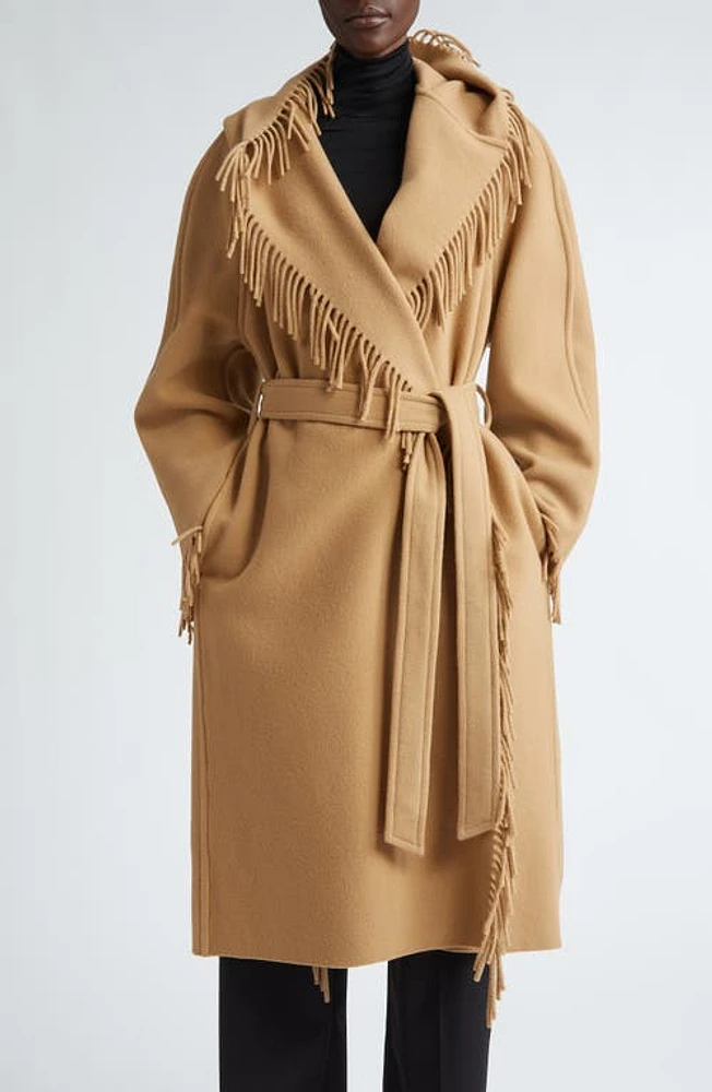 Balenciaga Fringe Wool Hooded Wrap Coat Praline Beige at Nordstrom,