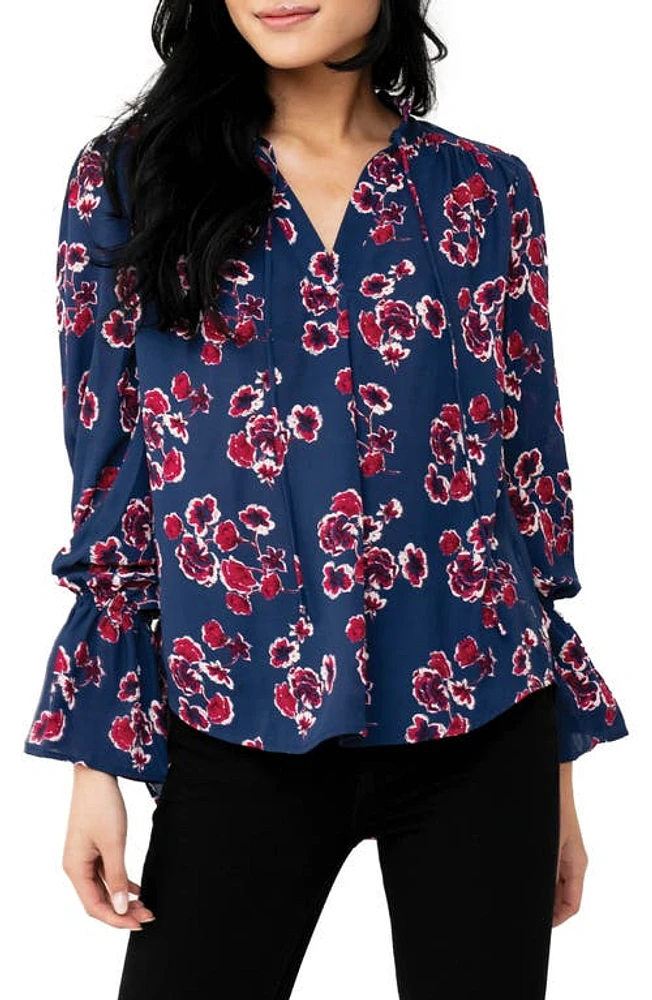 GIBSONLOOK Floral Print Tie Neck Blouse Blue Depths at Nordstrom,