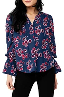 GIBSONLOOK Floral Print Tie Neck Blouse Blue Depths at Nordstrom,