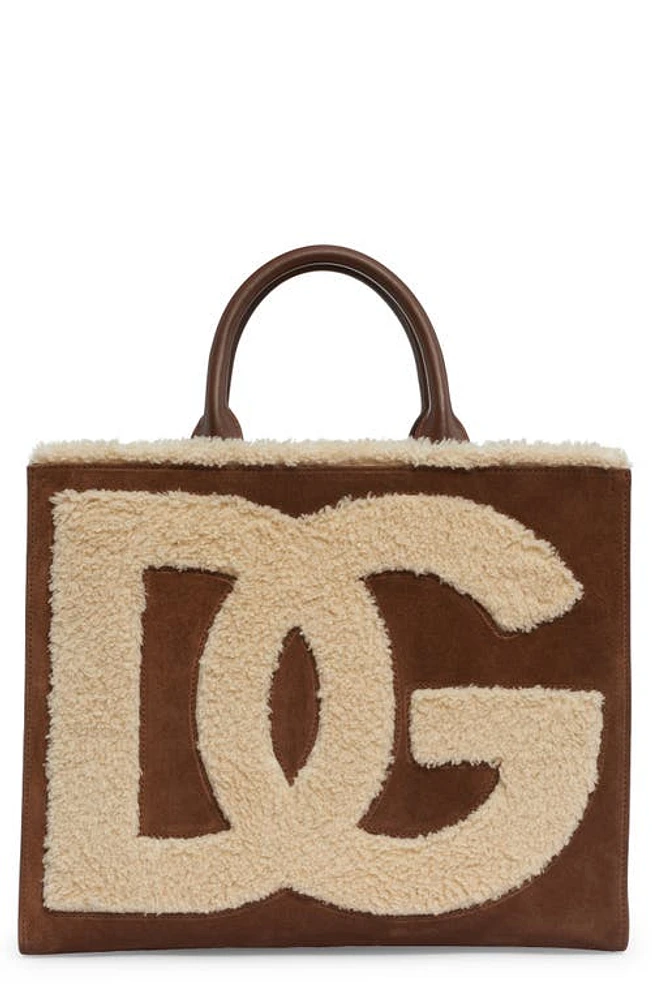 Dolce & Gabbana DG Logo Daily Suede & Faux Shearling Tote in Brown/White at Nordstrom