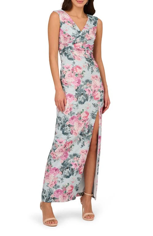 Adrianna Papell Floral Jacquard Metallic Sleeveless Gown Blue Multi at Nordstrom,