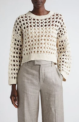 Brunello Cucinelli Openwork Jute Blend Crewneck Sweater C9437 Beige at Nordstrom,