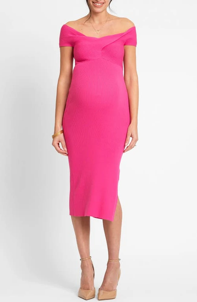 Seraphine Rib Knot Detail Off the Shoulder Midi Maternity Dress Pink at Nordstrom,