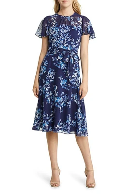 Harper Rose Floral Print Flutter Sleeve Dress Navy at Nordstrom,