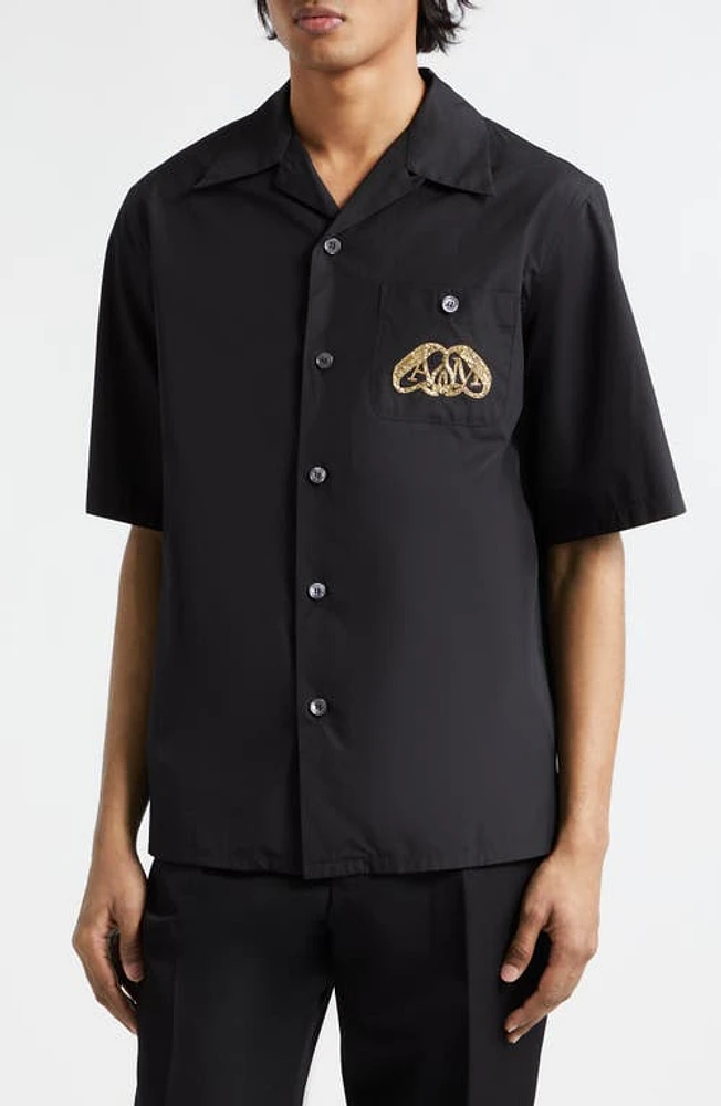 Alexander McQueen Embroidered Seal Cotton Poplin Camp Shirt in Black at Nordstrom, Size 16