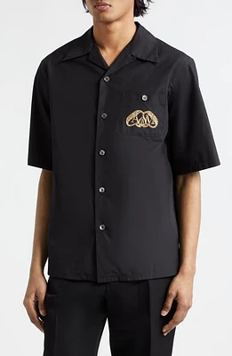 Alexander McQueen Embroidered Seal Cotton Poplin Camp Shirt in Black at Nordstrom, Size 16