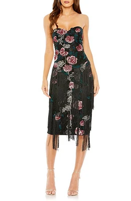 Mac Duggal Beaded Floral Fringe Detail Strapless Cocktail Midi Dress Black at Nordstrom,