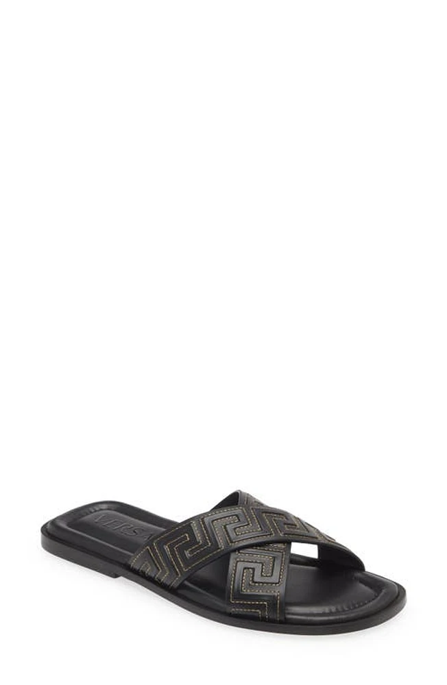 Versace La Greca Leather Slide Sandal Black/Gold at Nordstrom,