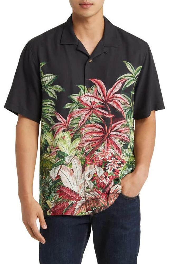 Tommy Bahama Midnight Haven Frond Print Short Sleeve Silk Button-Up Shirt in Black at Nordstrom, Size Medium