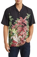 Tommy Bahama Midnight Haven Frond Print Short Sleeve Silk Button-Up Shirt in Black at Nordstrom, Size Medium