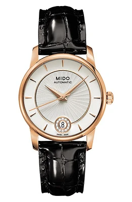 MIDO Baroncelli Diamond Automatic Leather Strap Watch, 33mm in Silver/Black at Nordstrom